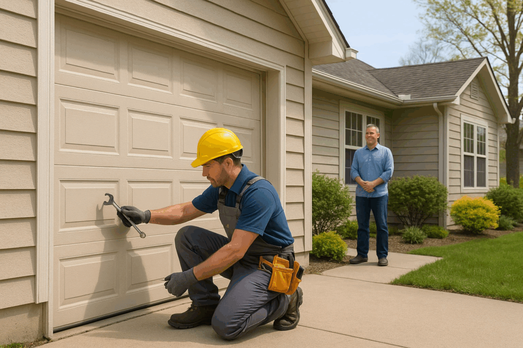 Professional technician performing inspection to repair garage door while homeowner observes.