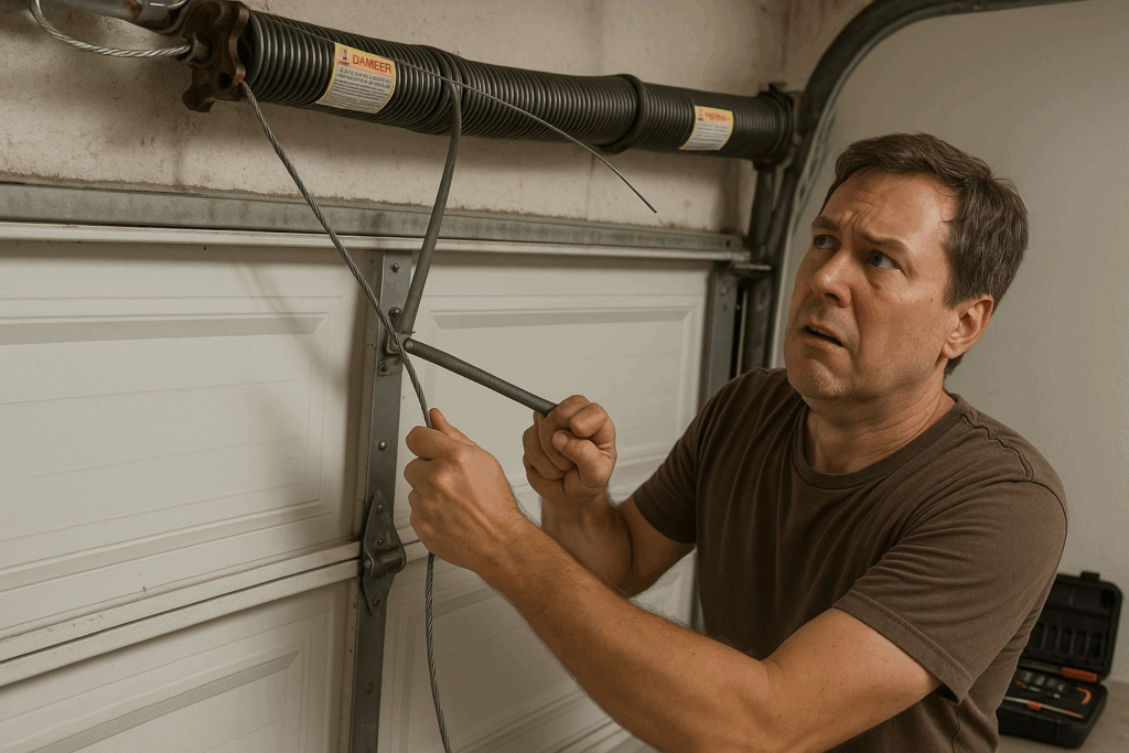 Man struggling with broken cable while attempting to repair garage door spring, showing danger of DIY repairs.