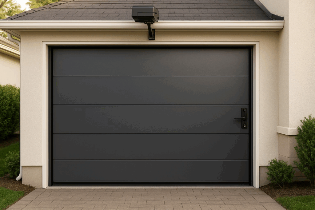 Stylish gray modern garage doors on residential home exterior.
