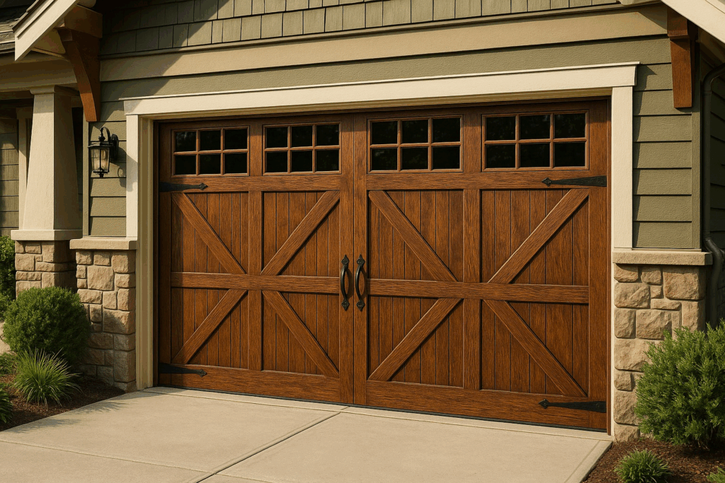 Wood-style carriage design modern garage doors on craftsman home exterior.