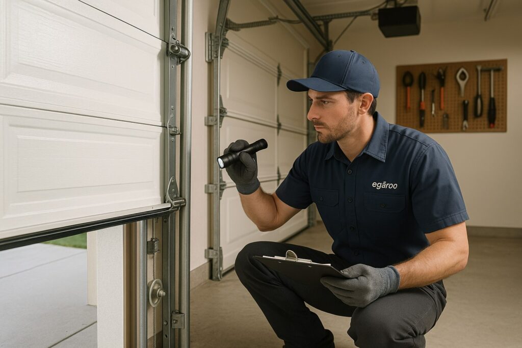 Technician performing garage door maintenance inspection with flashlight and clipboard to ensure proper alignment and operation.