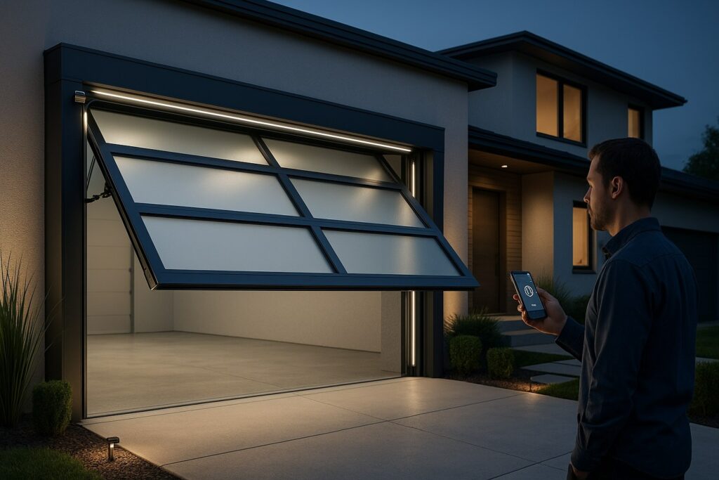 A man uses his phone to open modern automatic garage doors at a contemporary home during dusk.