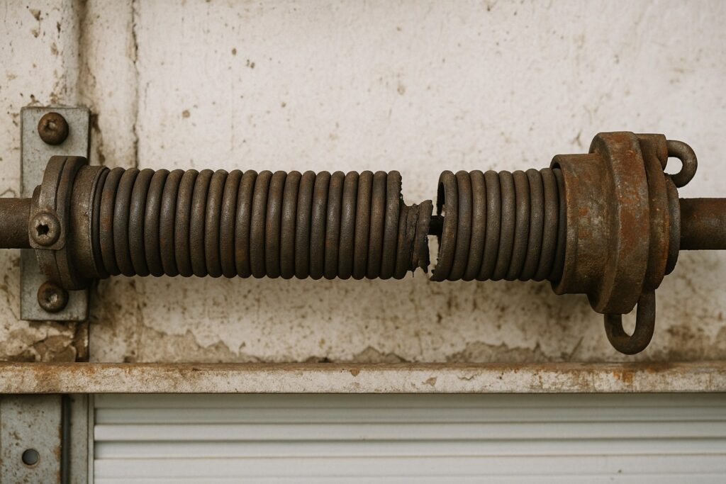 Garage door repair close up of a broken, rusted torsion spring on the shaft.